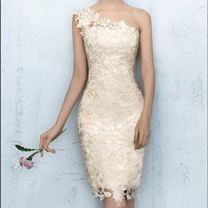 Metisu Champagne One Shoulder Sleeveless Lace Dress Reception Rehearsal Wedding